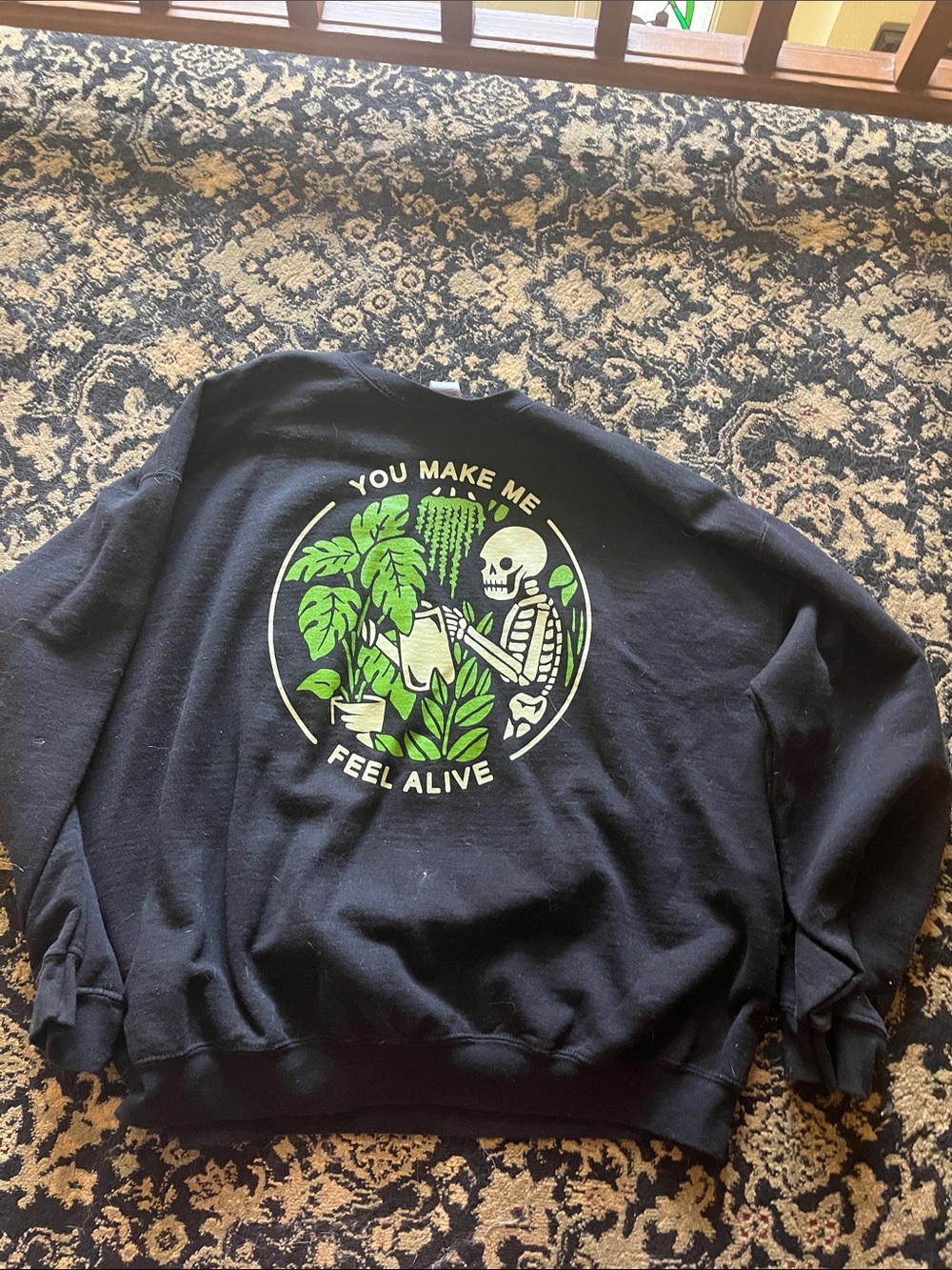 Gildan Black Crewneck Sweatshirt with Green & White Skeleton Plant Graphic